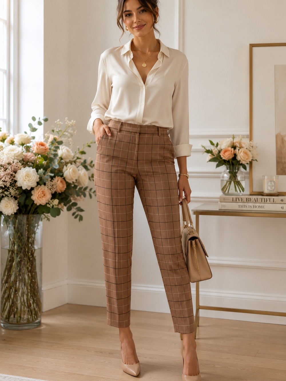 Express Tan Brown Windowpane Ankle Pants